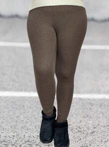 EMERY ROSE Women's Plus Size Solid Color Casual Basic Leggings Fall Cloth For Women - Coffee Brown - View 1