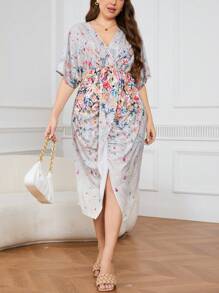 SHEIN Clasi 大尺碼花卉印花V領高分裙 - 米色 - 查看 5