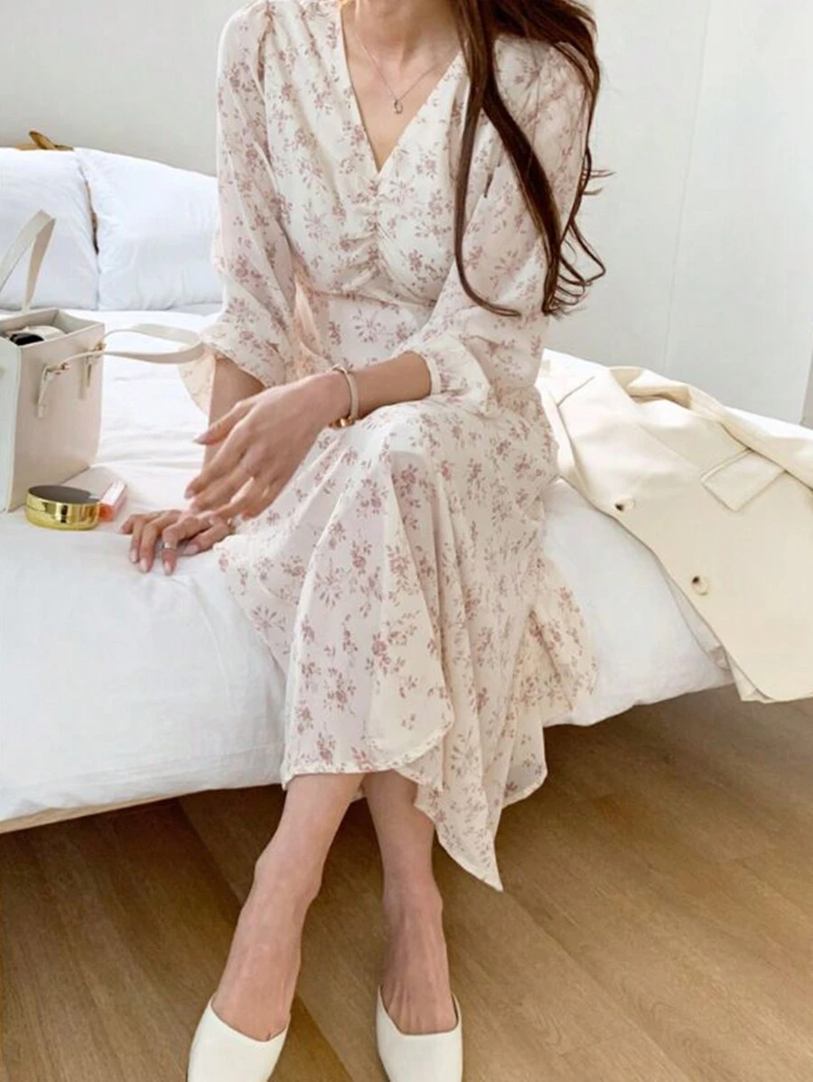 DAZY Women's Elegant Ditsy Floral Belted Pleated Dress,Ruffle,Fall Dress