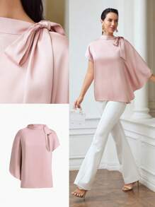 MOTF PREMIUM SHOULDER BOW SATIN BLOUSE