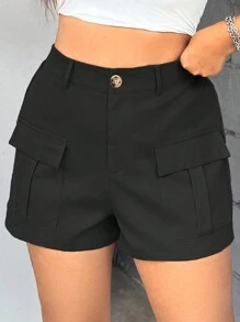 Flirla Pantalones Cortos De Talla Grande De Color Sólido Con Bolsillo Con Solapa - Negro - Ver 7