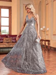Women's Sequin Embroidery Waist Fitted V-Neck Sleeveless Maxi Evening Gown, Elegant Formal Prom Party Dress (Heavy Decor) Wedding Guest Dress - 灰色 - 查看 5