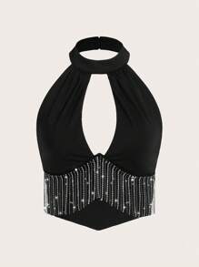 SHEIN ICON Y2k Slim Fit Hollow Out Rhinestone Tassel Decorated Crop Tank Tops,Black And Silver,Summer,70's,Concert,Party Disco Birthday Music Festival Outfits - Black - View 2