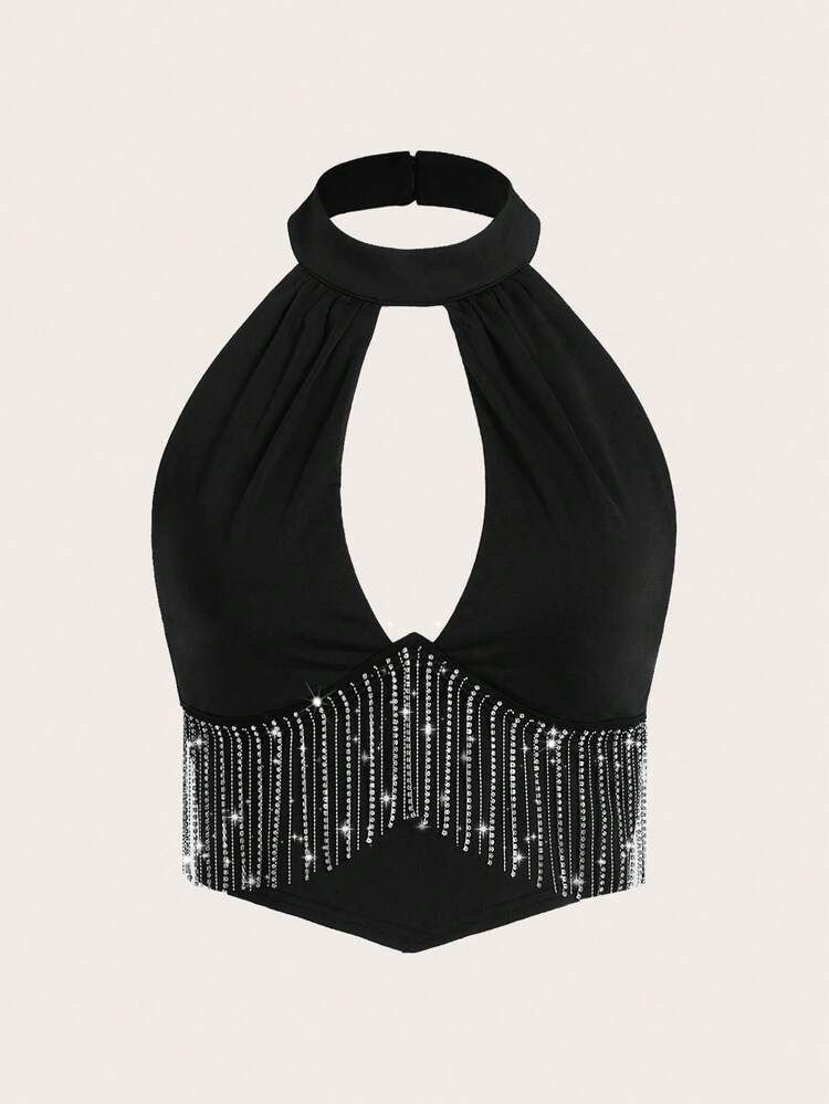 Y2k Summer Black Slim Fit Hollow Out Rhinestone Tassel Decorated Crop Tank Tops Suitable For Summer,Concert Outfits,Birthday Outfits Music Festival Festival Outfits