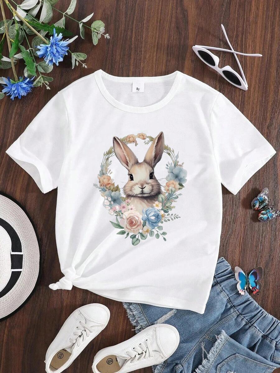 少女兔子與花卉印花短袖t卹 - 白色 - 查看 1