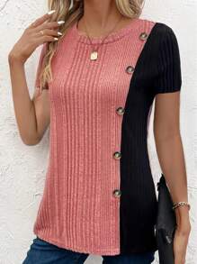 Camiseta de manga corta con botones de parche y costillas de mujer de moda, verano - Rojo - Ver 3