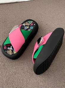 Women's Graffiti Colorblock Slides, Summer Outdoor Beach Slipper, Thick-Soled Platform Sandals, Wedge Heel Sandals - Hot Pink - View 4