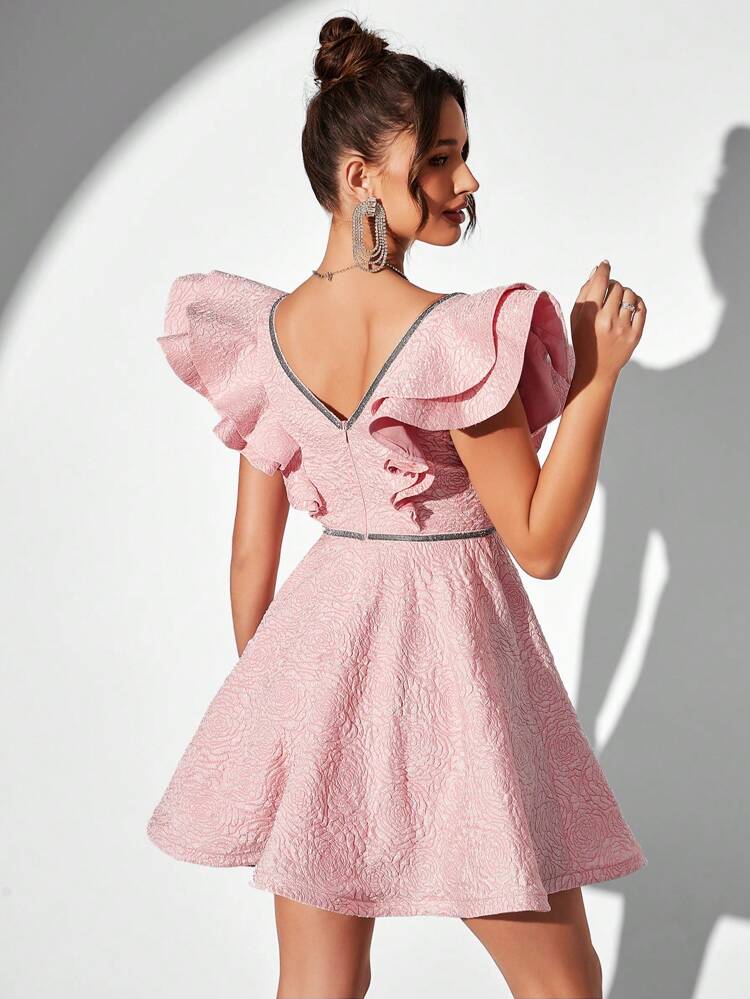 Elegant, Romantic, Cute, Sweet, Charming, Fashionable, Shiny And Exquisite, Pink Three-Dimensional Woven Jacquard For Women, Deep V-Neck With Chest Pads, Gathered Chest, Exaggerated Shoulders, Lotus Leaf Cap Sleeves, High Waist, A-Shaped Umbrella Hem, Vacation, Travel, Date, Wedding, Guest, Bachelorette Party Return School Season Graduation Prom Afternoon Tea Party Cocktail Party Dress