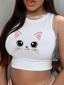 Slaydiva Top ajustado de mujer de cuello redondo con estampado de gato en estilo minimalista casual, hecho de algodón y apropiado para el verano