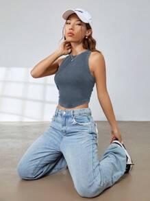SHEIN EZwear Summer Outfit Vintage Solid Curved Hem Ruched Tank Top