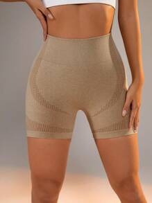 Gameset SHEIN Sport 女式無縫高腰運動短褲 - 卡其色 - 查看 2