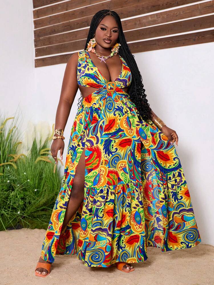 Plus Size Hollow Out Printed Slit Sleeveless Dress For Vacation