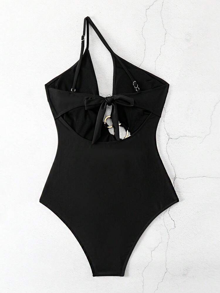 Women's Sleeveless Rhinestone Decorated One-Shoulder Cut Out Monokini Swimsuit Summer