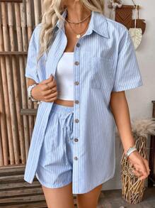 SHEIN LUNE 女士條紋鈕扣短袖襯衫和短褲套裝 - 淺藍色 - 查看 3