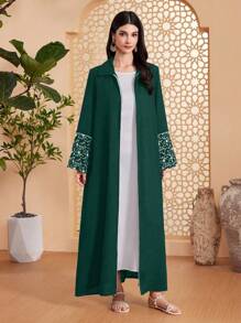 Al Najma 女士纯色翻领长阿拉伯长袍，穆斯林时尚长袍，适合休闲/节日/聚会/旅行 - 墨綠色 - 查看 1