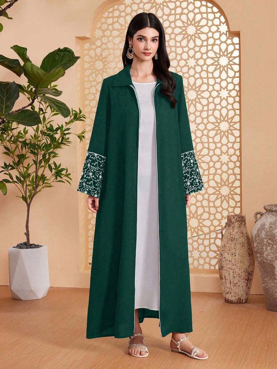 Al Najma 女士纯色翻领长阿拉伯长袍，穆斯林时尚长袍，适合休闲/节日/聚会/旅行 - 墨綠色 - 查看 1