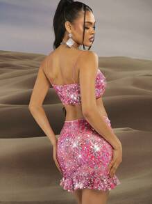 Hauture Sequin Cami Top & Ruffle Skirt Two Piece Set - Pink - View 2