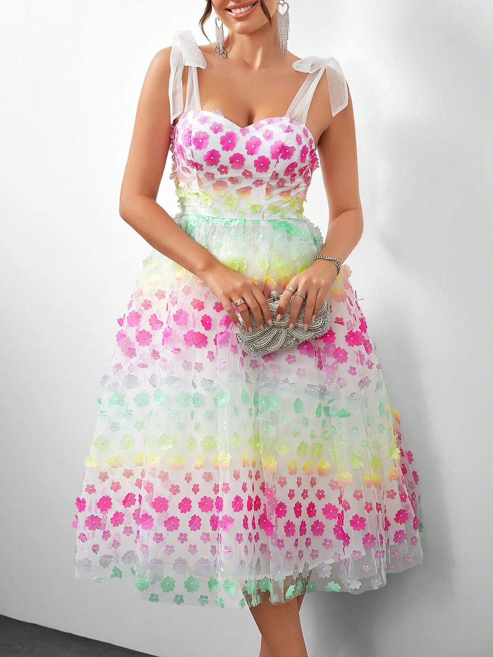 Elegant Gradient 3D Butterfly Mesh Embroidered Shoulder Strap Midi Dress,High Waist A-Line Fluffy Princess Ballet Style For Prom,Cocktail&Party