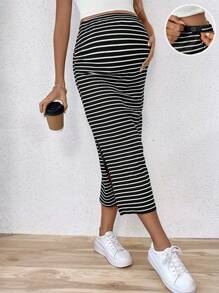 SHEIN Romantic Holiday Striped Maternity Skirt With Side Slit - Black - View 3
