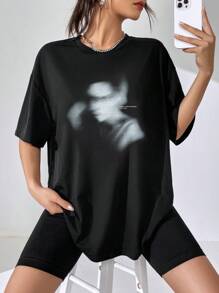 Muchica 超大款休闲肖像抽象印花图案圆领短袖女式 T 恤，适合夏季，男女通用