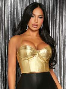 SHEIN SXY Padded Built-In Bra Padding Chest Pad Removable Padding Chest Cup Non Removable Padding Women's Solid Metallic Bustier Cami Top Corset - Gold - View 3