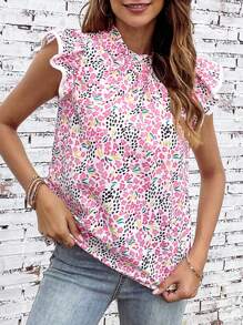 女士夏季粉色多色抽象印花高领荷叶袖衬衫 - 彩色 - 查看 4