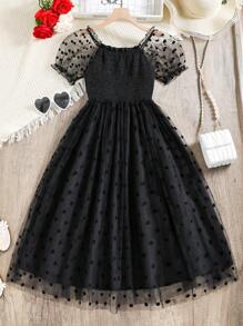 SHEIN Teen Girl Polka Dot Mesh A-Line Dress With Ruffle Hem And Puff Sleeves - Black - View 1