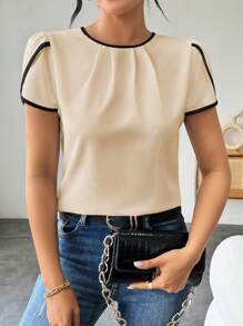 Ellegaria. Ladies' Color-Block Casual Shirt With Decorative Edges - Apricot - View 6
