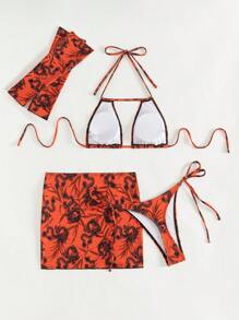 Swim SXY Women's Random Print Halter Neck Bikini Set 4pcs Summer