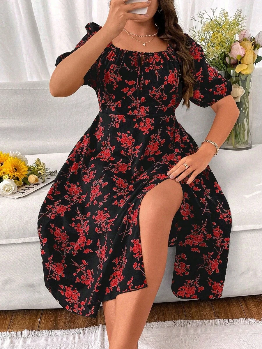 SHEIN Franclia Váy cạp cao in hoa cỡ lớn - Nhiều màu - Xem 1