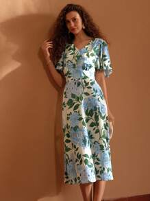 MOTF PREMIUM Lanh In hoa Cổ chữ V Tay áo hình bướm Đầm - Nhiều màu - Xem 4