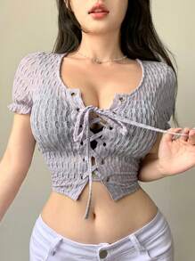 DAZY Của phụ nữ Ngắn tay Dây rút Buộc Áo thun - Màu tím - Xem 3