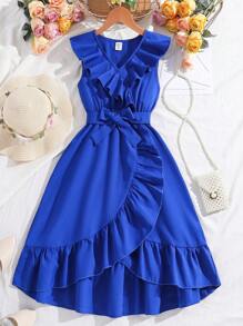 Teen Girl Solid Color Ruffled Edge Decor V-Neck Sleeveless Dress - Blue - View 4