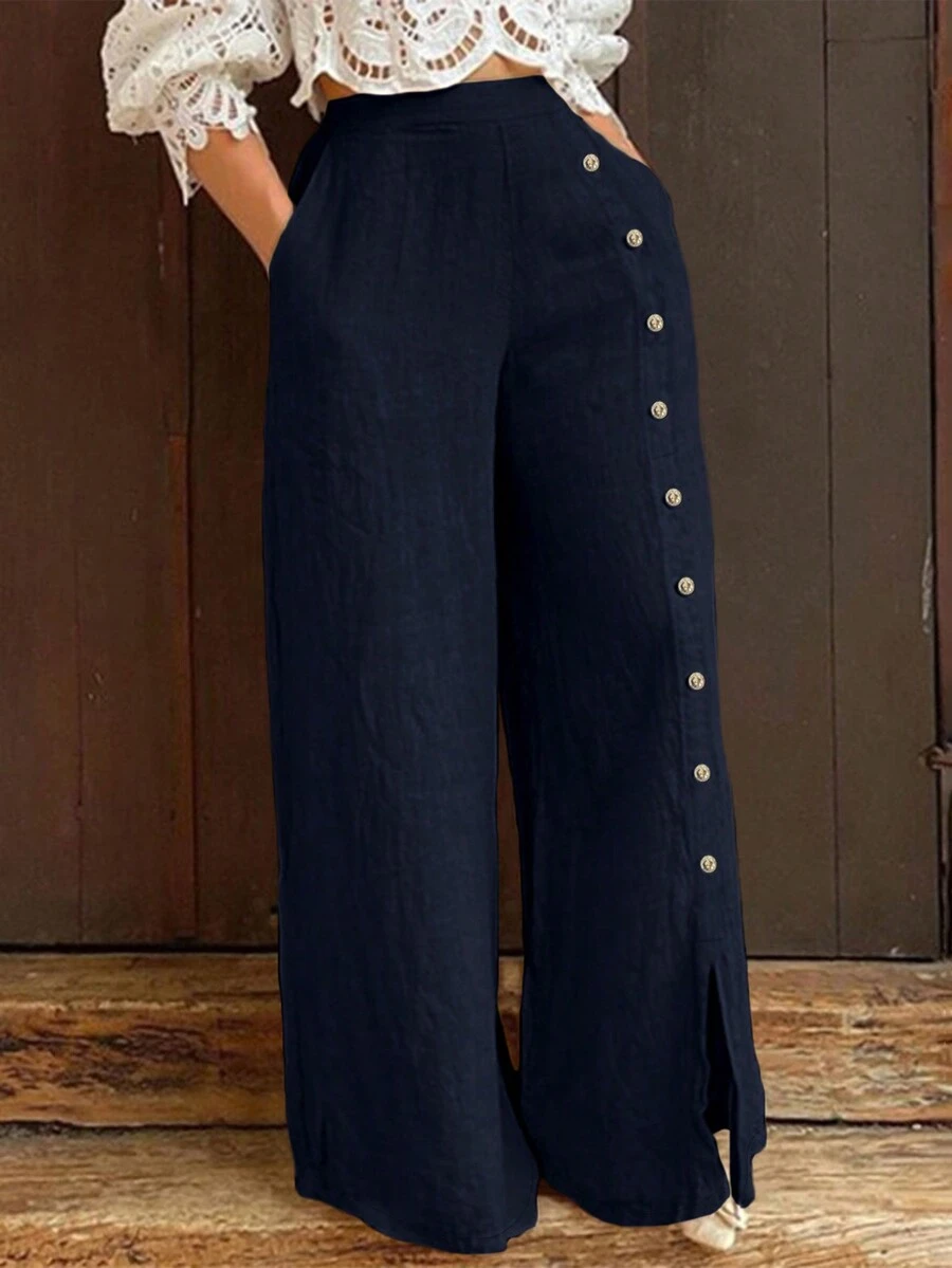 Jisfaneya Plus Size Solid Color Button-Up Cuffed Split Hem Semi-Elastic Waist Pleated Fabric Dark Blue Wide-Leg Pants Elegant Commuter Style For Daily Office Wear Versatile Spring/Summer Wide-Leg Pants Casual - Navy Blue - View 1