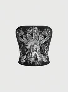 ROMWE Goth Women's Cross & Virgin Mary Rhinestone Craft Strapless Top,Ladies Casual Strapless Regular Fit Dark Grey Cotton All Over Print,Animal,Graphic,Halloween Women Tops,Spring/Summer,Party/Nightclub Outfits