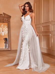 Faeriesty Floral Applique Mesh Overlay Cami Dress - White - View 5