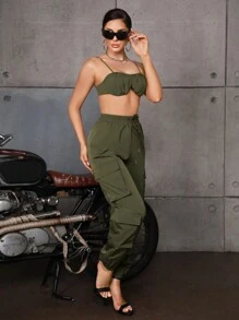 SHEIN SXY Giải trí Trang phục làm việc Phong cách Của phụ nữ Màu xanh lá Bộ Bao gồm Chân thẳng Túi Quần Và Quần skinny Xếp li Áo ba lỗ - xanh quân đội - Xem 6