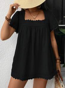 Breezaya Kích thước lớn Màu thuần Cổ vuông Viền sò Giải trí Áo sơ mi - màu đen - Xem 5