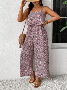 SHEIN Frenchy Taglia forte Tuta ampia a zampa di elefante con stampa boho, coulisse in vita e spalline, per l'estate - Multicolore - Visualizzare 5