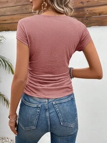 SHEIN Frenchy Women's Lace Patchwork Cap Sleeve V-Neck T-Shirt With Ruffle Trim, Suitable For Summer - Dusty Pink - View 2