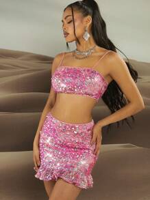 Hauture Sequin Cami Top & Ruffle Skirt Two Piece Set - Pink - View 3