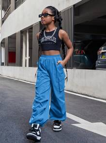 SHEIN 年輕女孩運動休閒鬆緊腰手風琴口袋純色工作褲，帶彈口袋褶邊夏季褲款 - 藍色 - 查看 4