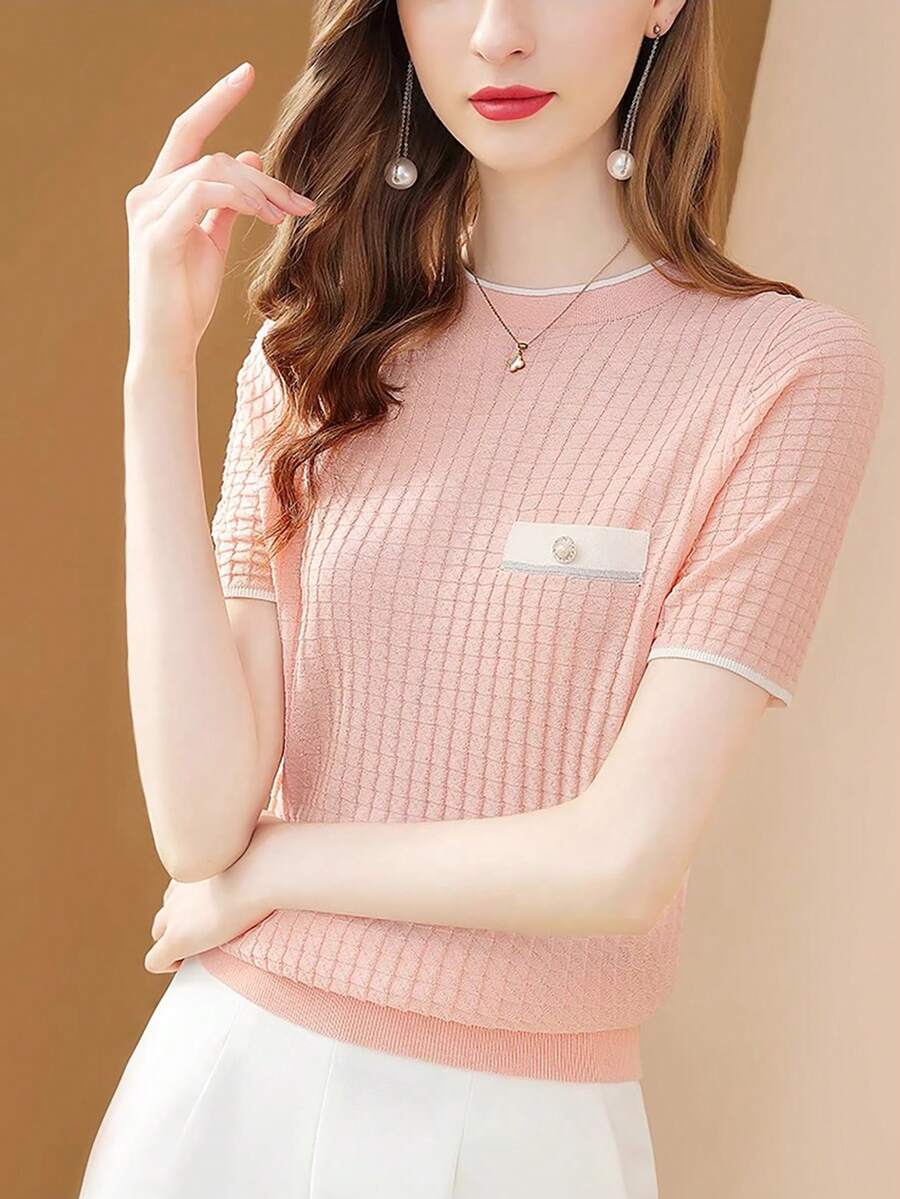 Top de manga corta de punto texturizado color rosa pálido para mujer - Rosa - Ver 1
