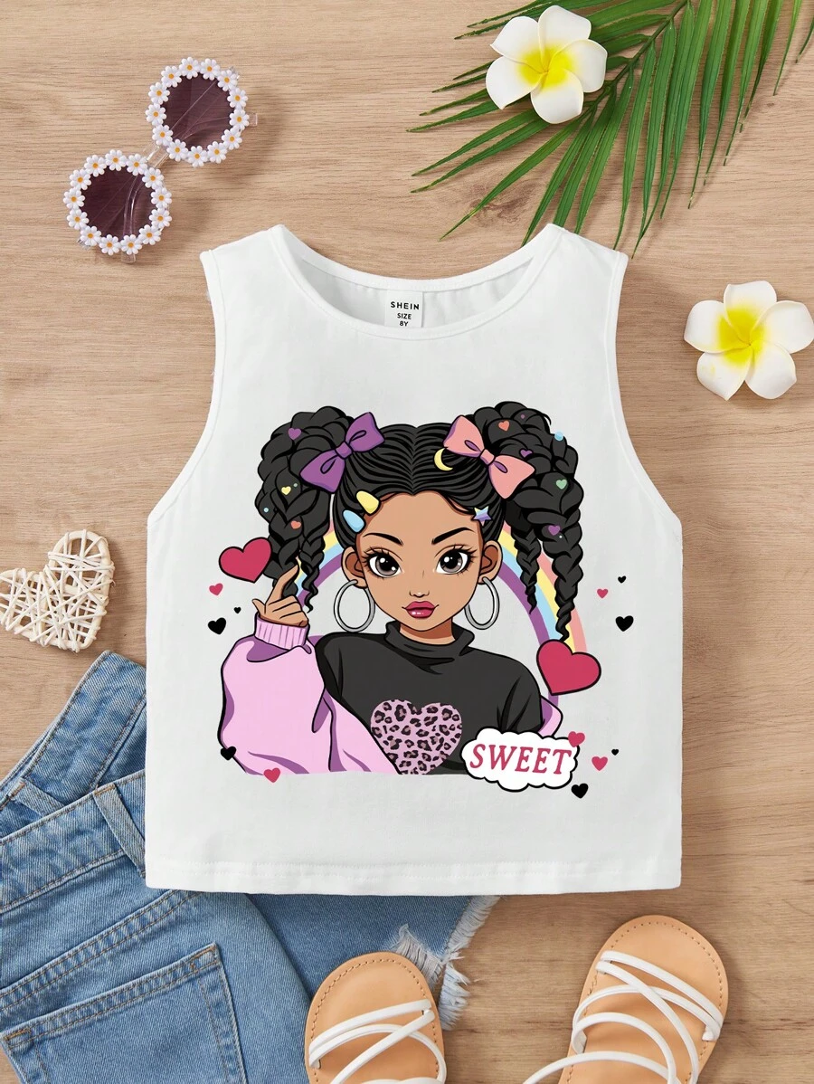 少女休閒簡約設計無袖背心，印有女孩圖案，適合夏季穿著 - 白色 - 查看 1