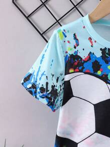 SHEIN Young Boy Splatter Soccer Print Top & Letter Printed Shorts 2pcs/Set - Blue - View 4