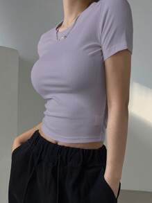 DAZY T-shirt Moulant En Tricot Côtelé Uni Pour Femme - Parme - Voir 1