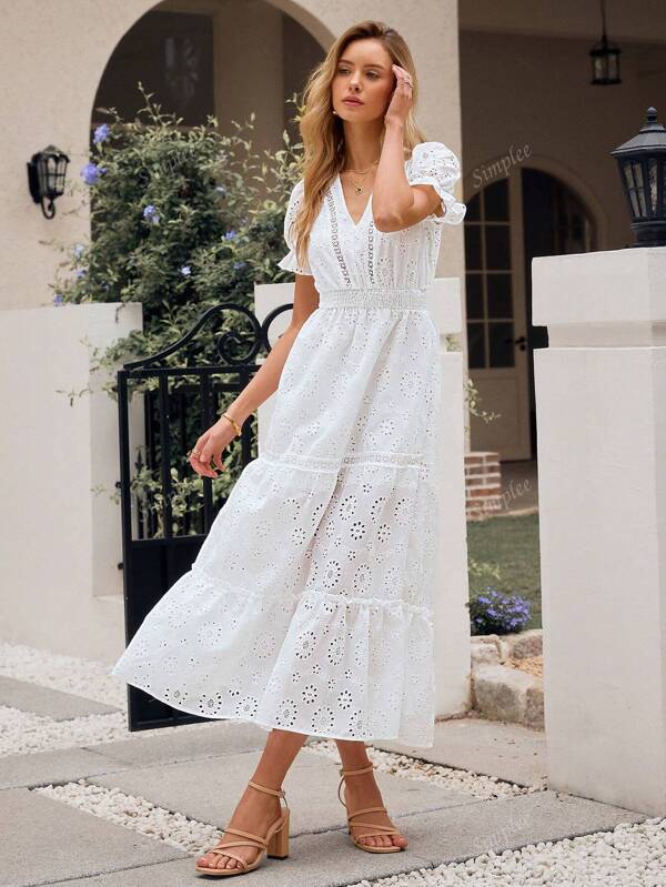 Simplee Women's Summer New Solid Color Hollow Embroidery Waist Cincher Long Dress, Holiday