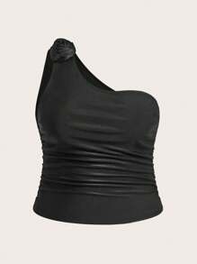 SHEIN EZwear Của phụ nữ Kích thước lớn Ngắn tay Một bờ vai Áo Với 3D Hoa Đồ trang trí - màu đen - Xem 2