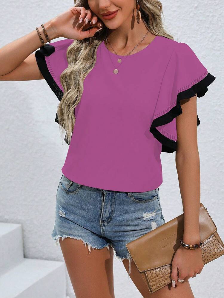 Contrast Color Lotus Leaf Sleeve Round Neck Casual Shirt