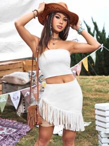 Breezaya Tassel Patchwork Asymmetric Hem Skirt, Suitable For Music Festival
